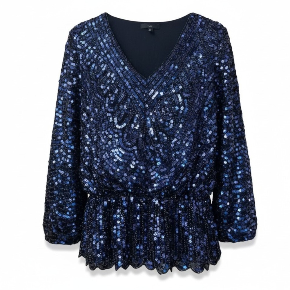 FATE Women Blue Sequin V-Neck Peplum Top 3/4 Sleeve Scalloped Hem Medium